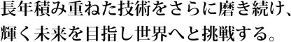 長く積み重ねた技術をさらに磨き続け、輝く未来を目指し世界へと挑戦する。